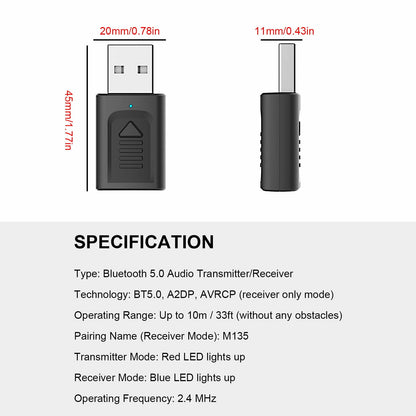 4 IN 1 5.0 Bluetooth Adapter USB Wireless Bluetooth Sender Receiver Music Audio for TV Portable 3.5mm AUX Adaptor