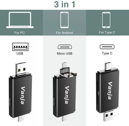 3 in 1 OTG Adapter Multi Function USB 2.0 Flash Drive for Phone External Storage Type-C/Micro USB Adapter for TF/SD Card Reader/Camera/Keyboard/Mouse/U Disk/Printer/Hub Compatible with i0S/Andriod