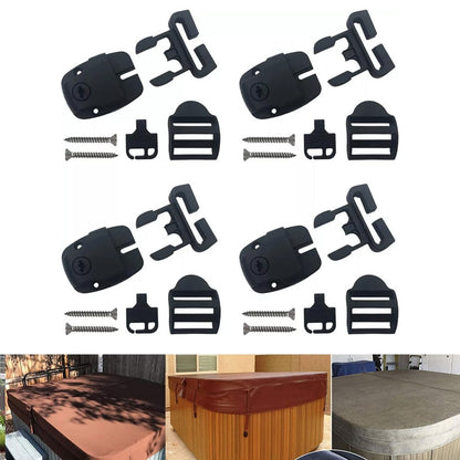 4 Set Spa Cover Latch Replacement Kit With Slots - Includes 4 Latches Tracks Keys & Screws For Hot Tub Cover Repair - Black Plastic