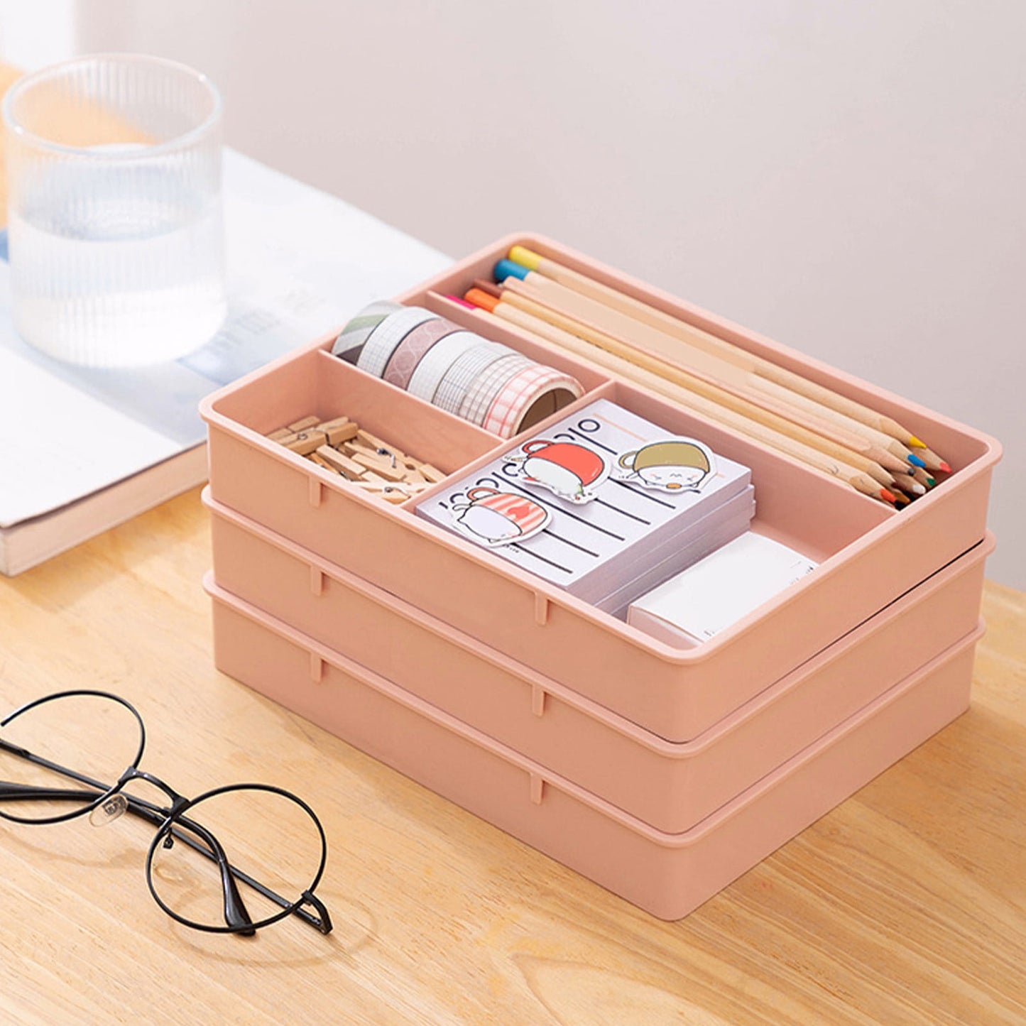 Four Grid Storage Box Plastic Drawer Dividers Flatware Tray Pen Holder Tray Plastic Tray Makeup Tray Plastic Drawers Makeup Vanity Organizer Small Item Pp Office Storage Tray P-ink