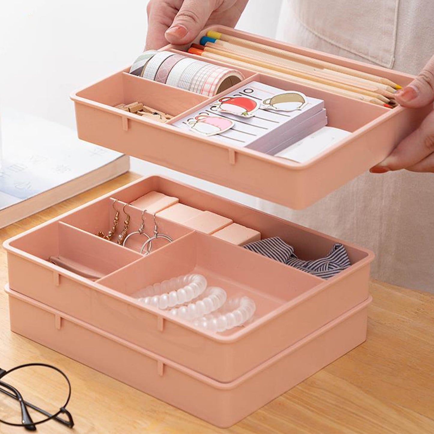 Four Grid Storage Box Plastic Drawer Dividers Flatware Tray Pen Holder Tray Plastic Tray Makeup Tray Plastic Drawers Makeup Vanity Organizer Small Item Pp Office Storage Tray P-ink