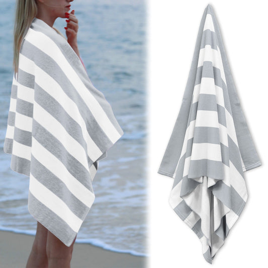 Large Oversized Beach Towel - Big Size Cotton 35 x 70 Inch Striped Pool Towel, Large Cabana Soft Swimming Towel for Adult Men Women, (Light Blue) 35" x 70" Grey