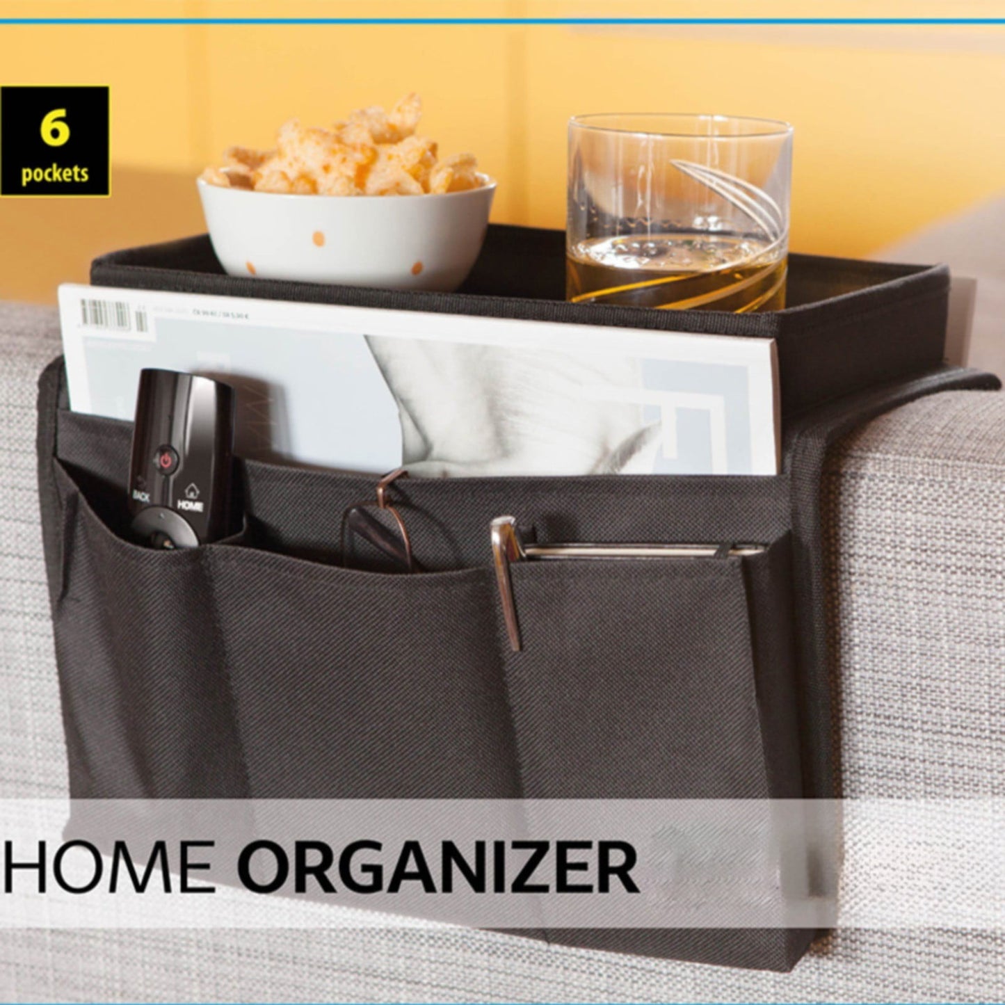 Sofa Armrest Organizer with Cup Holder - TV Remote Holder for Recliner & Couch | Armchair Caddy with Storage Pockets | Holds Cellphone, Tablet, Books, Magazines & Drinks Side Storage Bag(Black) Black