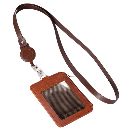 Slim PU Leather ID Badge Holder Wallet,with Zip, Neck Lanyard & Retractable Reel,ID Card Wallet, Badge Holder with Lanyard, PU Leather Badge Case, Retractable Badge Reel Holder(Red) Brown