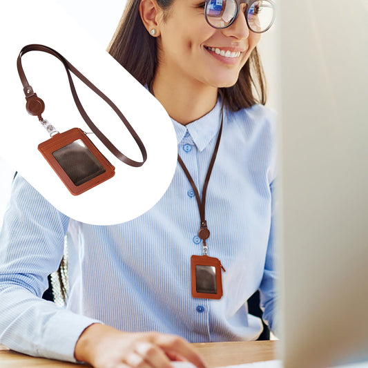Slim PU Leather ID Badge Holder Wallet,with Zip, Neck Lanyard & Retractable Reel,ID Card Wallet, Badge Holder with Lanyard, PU Leather Badge Case, Retractable Badge Reel Holder(Red) Brown