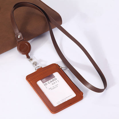 Slim PU Leather ID Badge Holder Wallet,with Zip, Neck Lanyard & Retractable Reel,ID Card Wallet, Badge Holder with Lanyard, PU Leather Badge Case, Retractable Badge Reel Holder(Red) Brown
