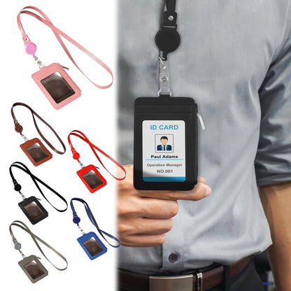 Slim PU Leather ID Badge Holder Wallet,with Zip, Neck Lanyard & Retractable Reel,ID Card Wallet, Badge Holder with Lanyard, PU Leather Badge Case, Retractable Badge Reel Holder(Red) Brown