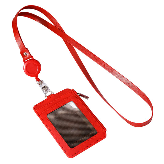 Slim PU Leather ID Badge Holder Wallet,with Zip, Neck Lanyard & Retractable Reel,ID Card Wallet, Badge Holder with Lanyard, PU Leather Badge Case, Retractable Badge Reel Holder(Red) Red