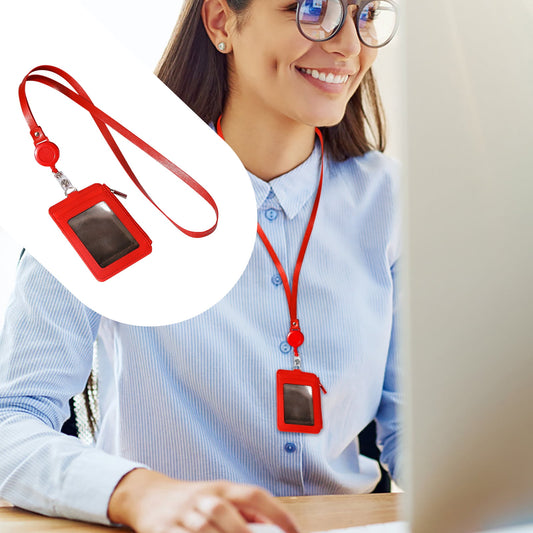 Slim PU Leather ID Badge Holder Wallet,with Zip, Neck Lanyard & Retractable Reel,ID Card Wallet, Badge Holder with Lanyard, PU Leather Badge Case, Retractable Badge Reel Holder(Red) Red