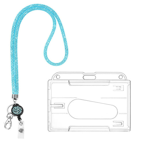 Retractable ID Badge Holder with Bling Neck Strap Lanyard, Heavy Duty Bling Badge Reel with Clear Card Holder for Office Worker Teacher Doctor (Sky Blue/1 Pcs) 3.54x2.64 3.54" x 2.64" Silver