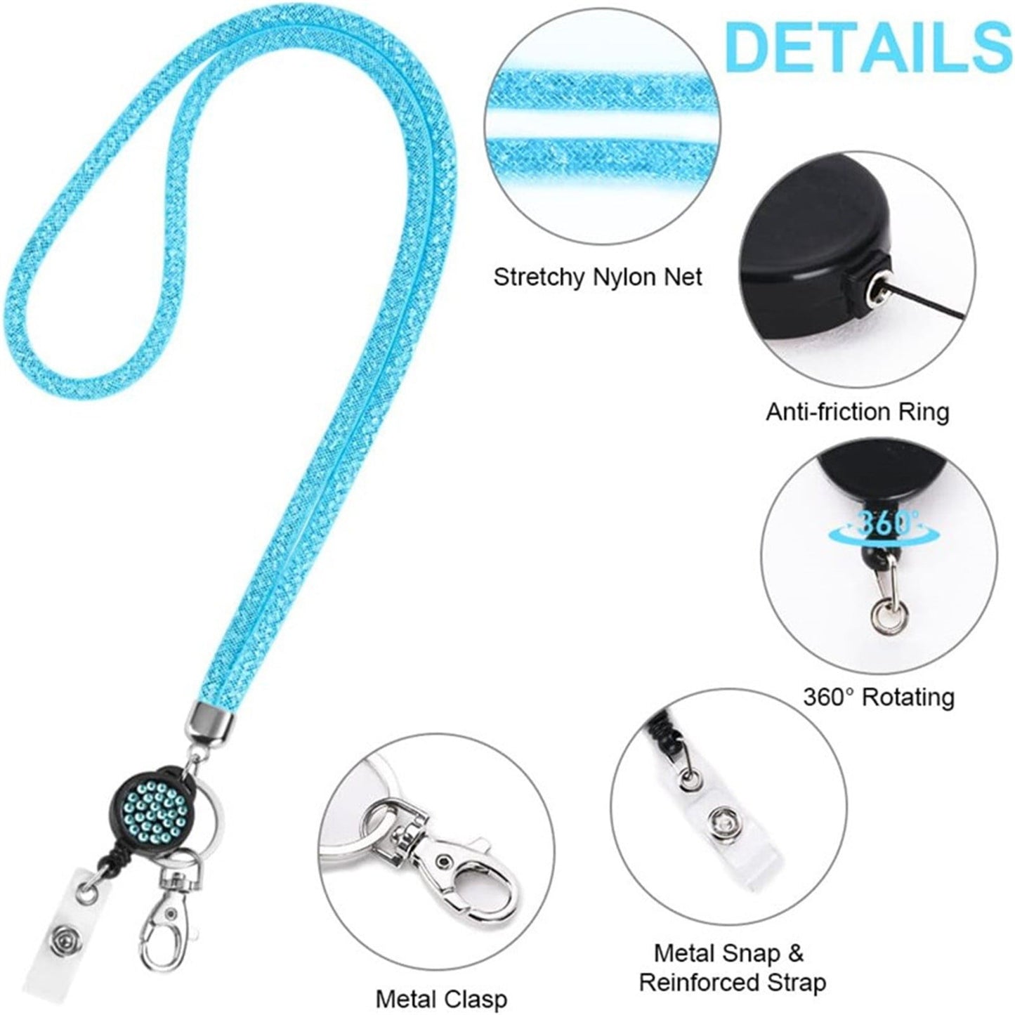 Retractable ID Badge Holder with Bling Neck Strap Lanyard, Heavy Duty Bling Badge Reel with Clear Card Holder for Office Worker Teacher Doctor (Sky Blue/1 Pcs) 3.54x2.64 3.54" x 2.64" White