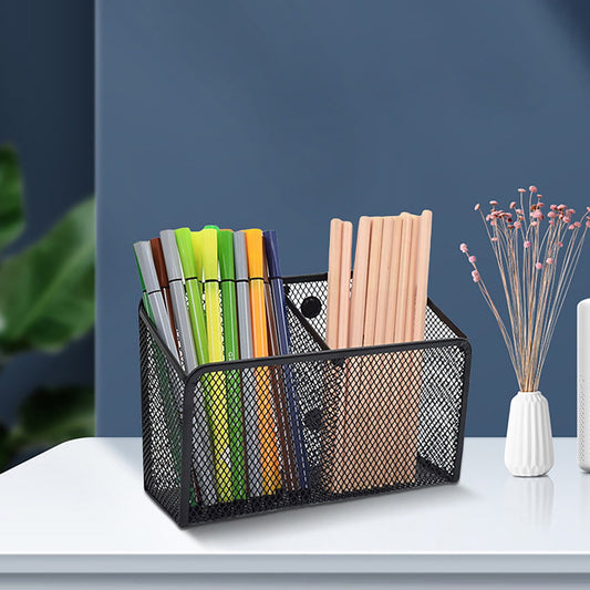 Magnetic Pen Holder, Heavy Duty 2 Slot Mesh Pencil & Marker Organizer for Desk, Extra Strong Magnets for Locker, Refrigerator, Dry Erase Board, Whiteboard Storage Solution, 7.28x2.68x4.92 3.35" x 2.17" x 3.94" Black