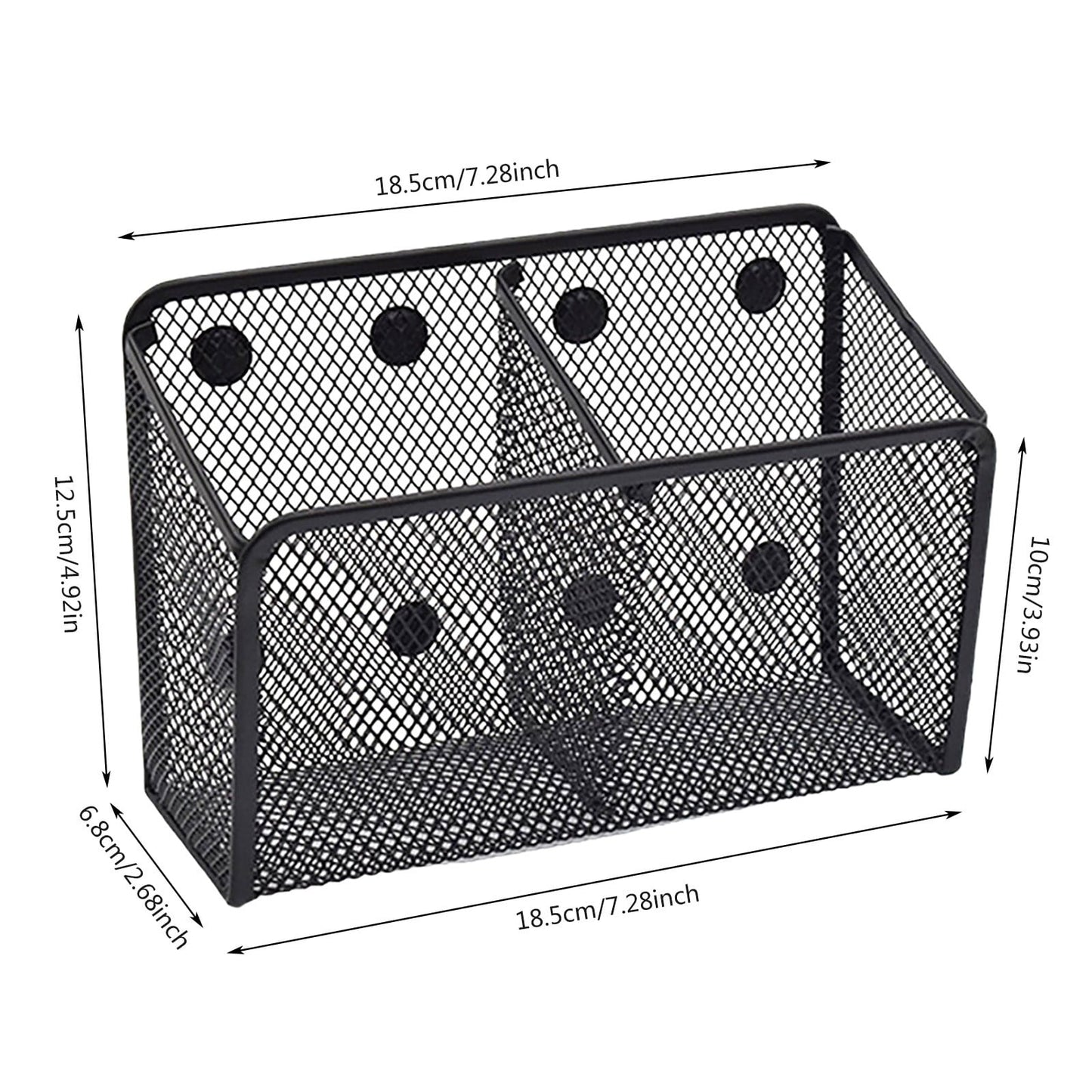 Magnetic Pen Holder, Heavy Duty 2 Slot Mesh Pencil & Marker Organizer for Desk, Extra Strong Magnets for Locker, Refrigerator, Dry Erase Board, Whiteboard Storage Solution, 7.28x2.68x4.92 3.35" x 2.17" x 3.94" Black
