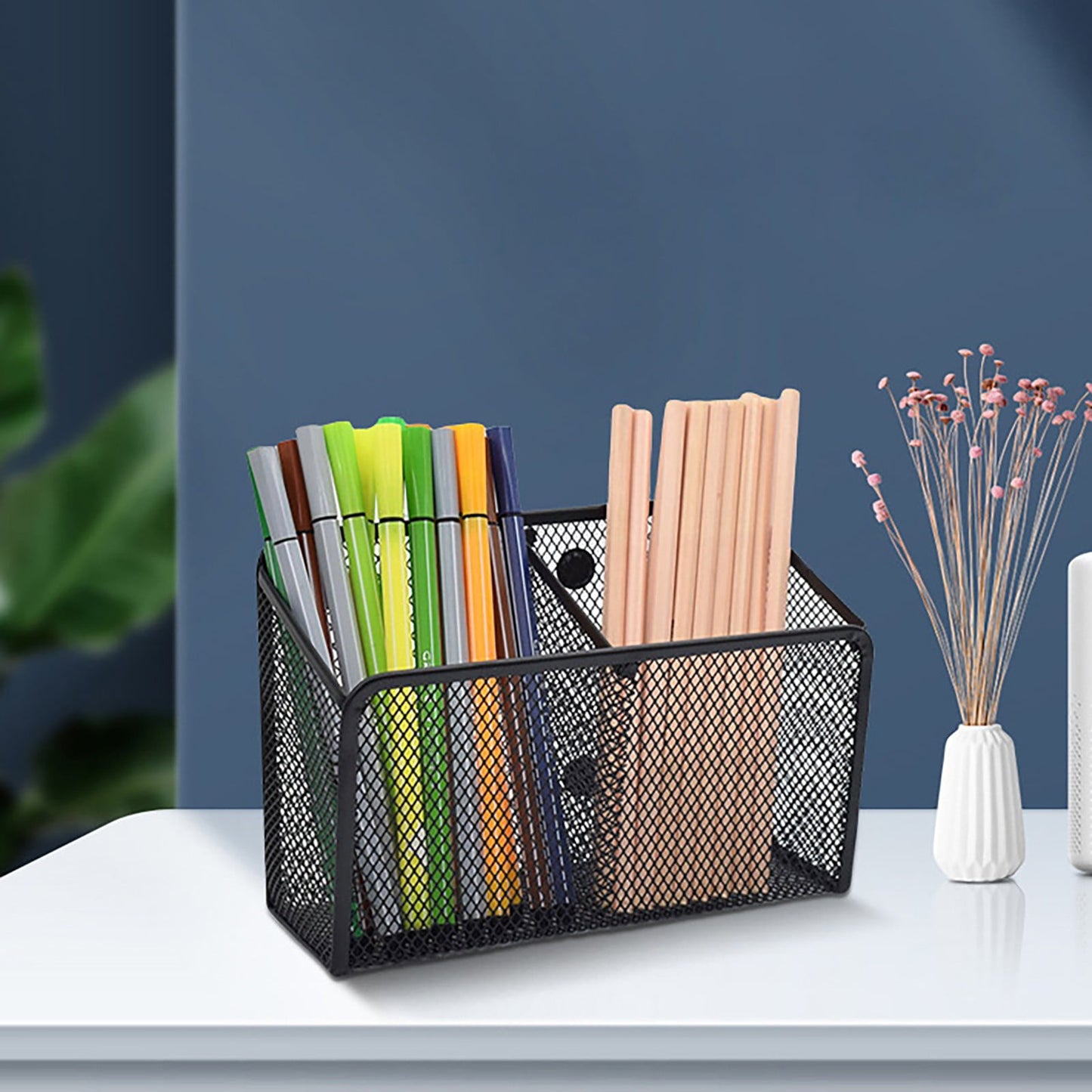 Magnetic Pen Holder, Heavy Duty 2 Slot Mesh Pencil & Marker Organizer for Desk, Extra Strong Magnets for Locker, Refrigerator, Dry Erase Board, Whiteboard Storage Solution, 7.28x2.68x4.92 7.28" x 2.68" x 4.92" Black
