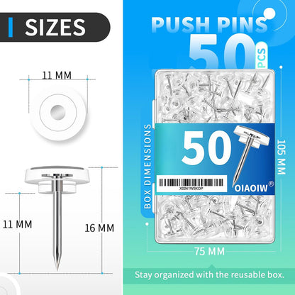 50 PCS Clear Push Pins Tacks Count in Reusable Box for Bulletin Boards and Wall Displays Heavy Duty Plastic Head with Steel Point,0.63x0.43" Flat Head Thumbtacks for Bulletin Board Clear