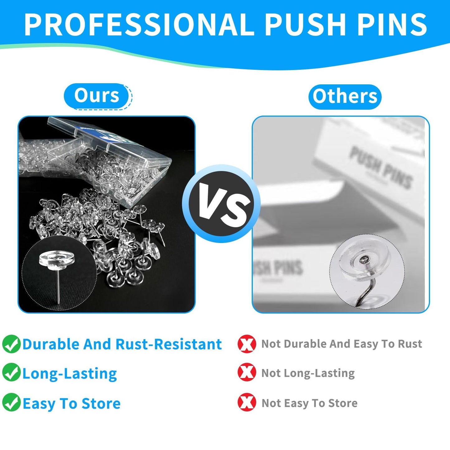 50 PCS Clear Push Pins Tacks Count in Reusable Box for Bulletin Boards and Wall Displays Heavy Duty Plastic Head with Steel Point,0.63x0.43" Flat Head Thumbtacks for Bulletin Board Clear