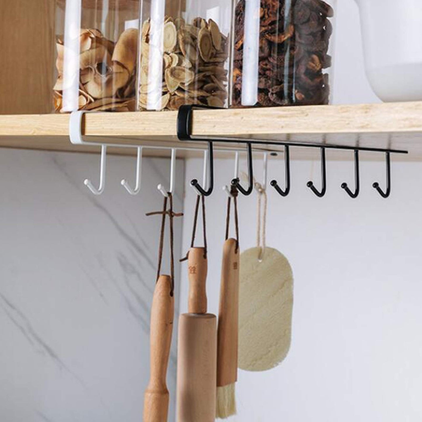 Under Cabinet Storage Mug Hooks, Under Cabinet Utensil Holder Hanger Hook, Double Sided Utensil Racks Coffee Mug Holder for Kitchen Storage, 12 Hooks, 10.03x3.15x2.75 10.43" x 2.95" Black/2 Pack