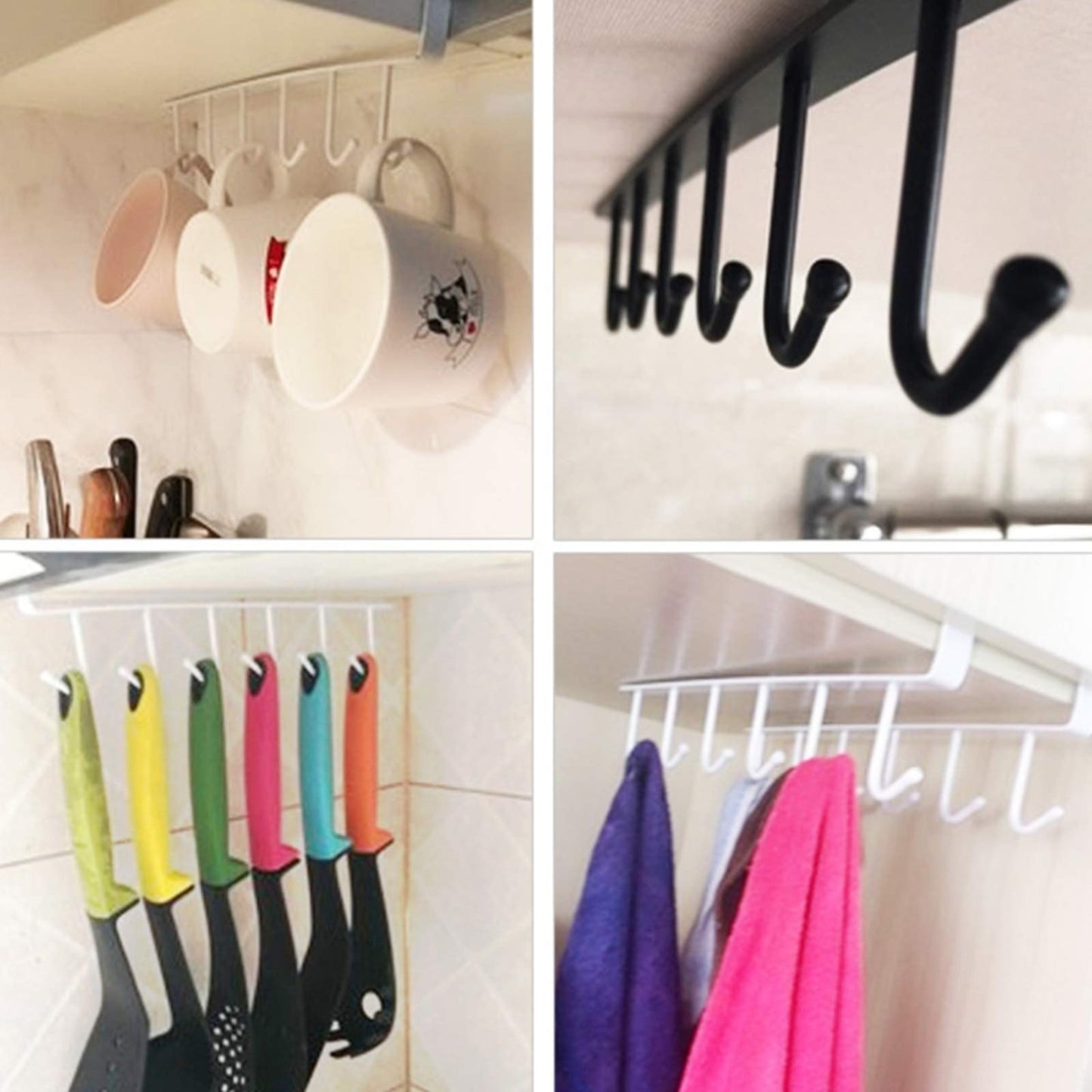 Under Cabinet Storage Mug Hooks, Under Cabinet Utensil Holder Hanger Hook, Double Sided Utensil Racks Coffee Mug Holder for Kitchen Storage, 12 Hooks, 10.03x3.15x2.75 10.43" x 2.95" Black/2 Pack