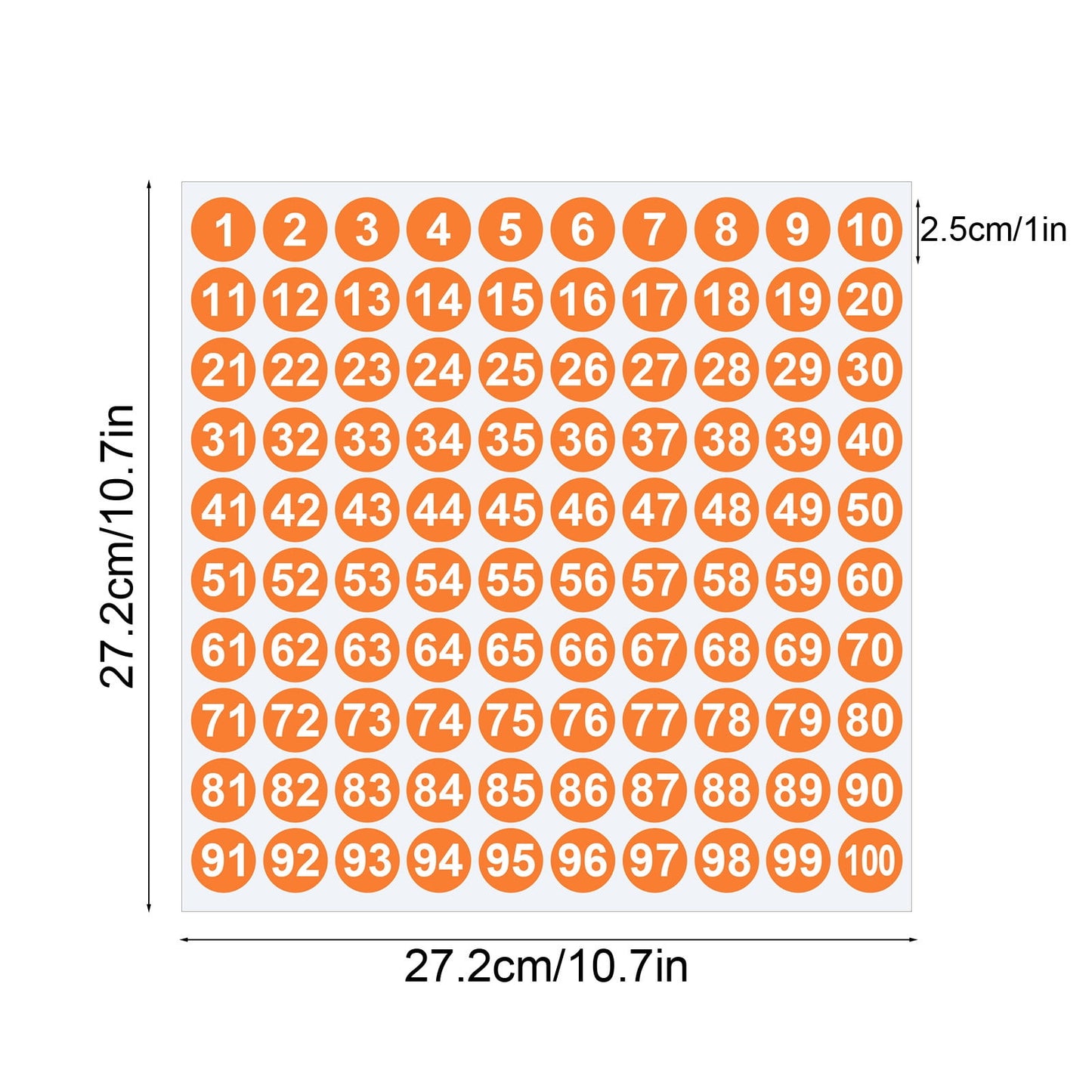1 Inch Round Number Stickers,1-100 Multi-Color Self-Adhesive Labels for Mailbox,Scrapbook,and DIY Crafts,Easy to Peel and Stick on Various Surfaces,Durable Paper Material for Long-Lasting Use Orange