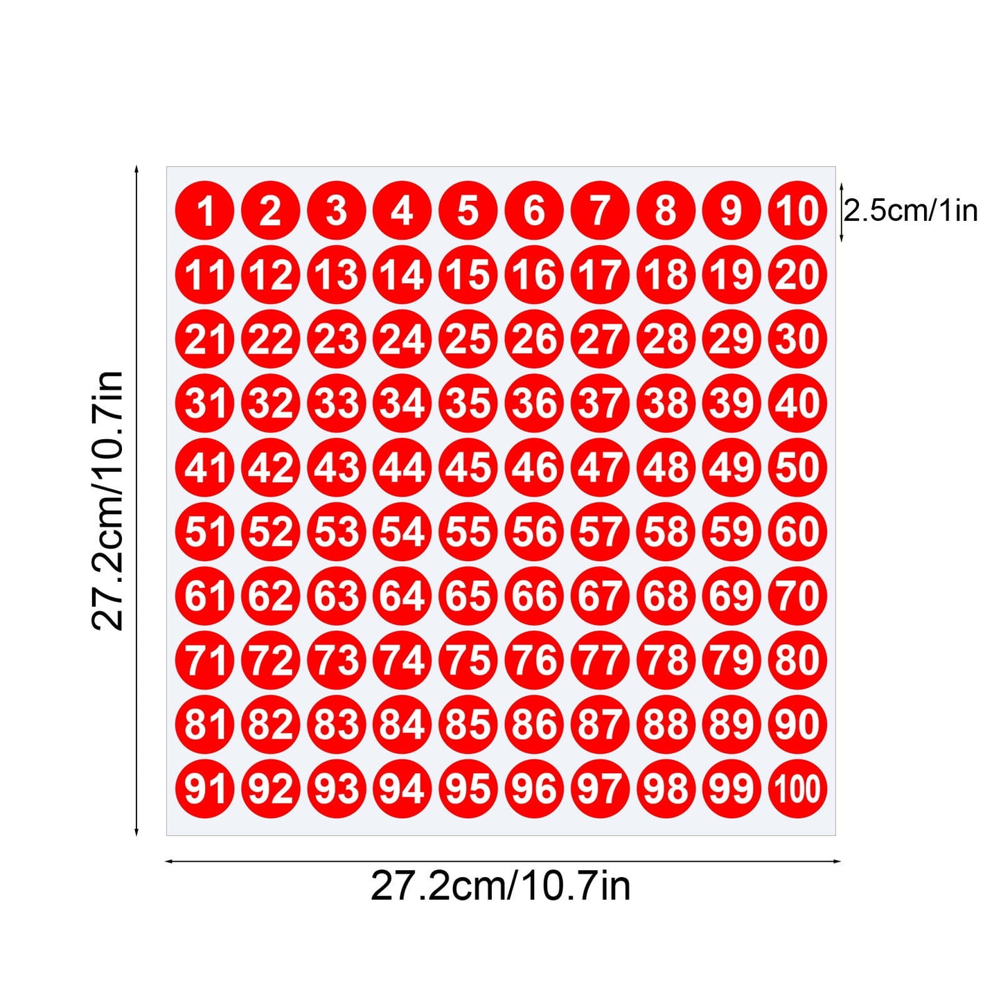 1 Inch Round Number Stickers,1-100 Multi-Color Self-Adhesive Labels for Mailbox,Scrapbook,and DIY Crafts,Easy to Peel and Stick on Various Surfaces,Durable Paper Material for Long-Lasting Use Red