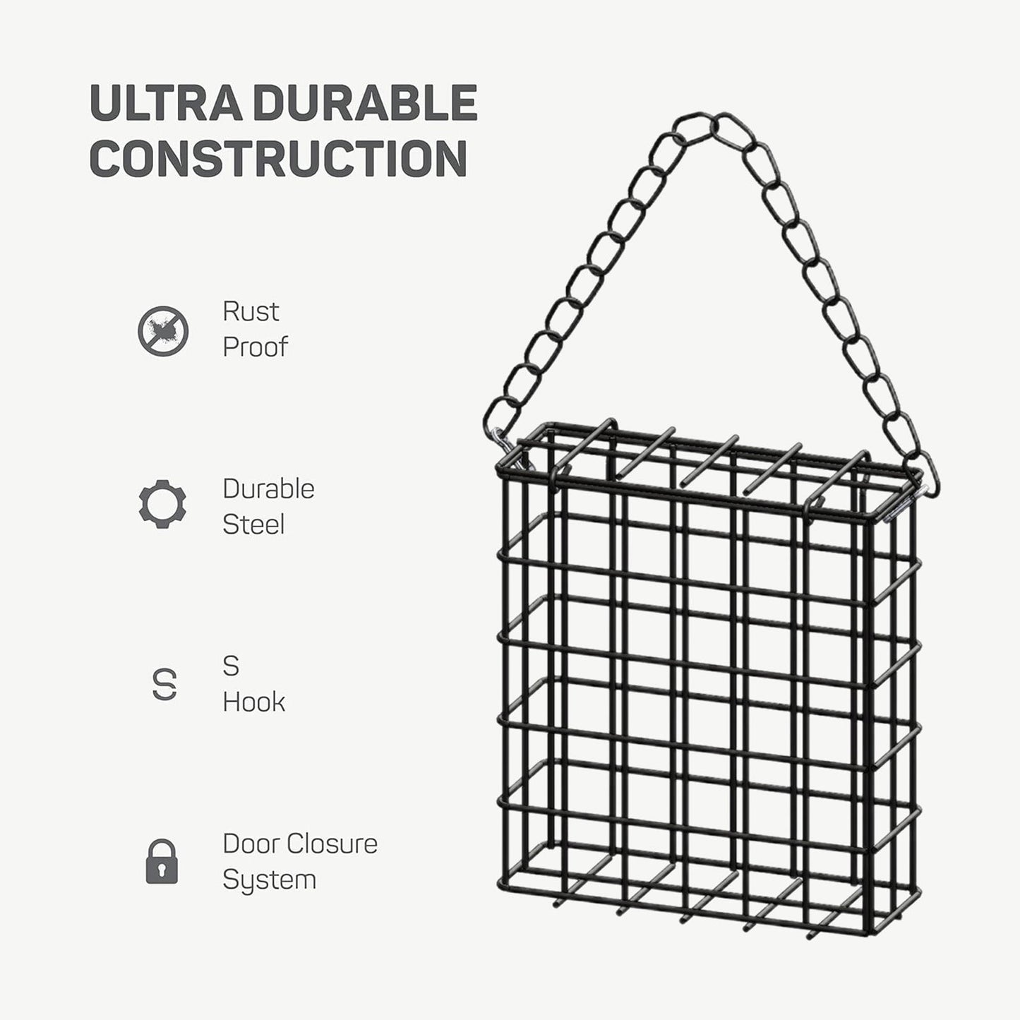 Square Suet Bird Feeder Cage, Heavy-Duty Iron with Protective Coating, Holds One Cake for Nuthatches and Chickadees, Easy-Clean Design, Rust-Resistant Outdoor Hanging Feeder for Backyard Birds Black