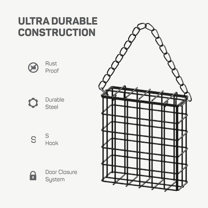 Square Suet Bird Feeder Cage, Heavy-Duty Iron with Protective Coating, Holds One Cake for Nuthatches and Chickadees, Easy-Clean Design, Rust-Resistant Outdoor Hanging Feeder for Backyard Birds Black