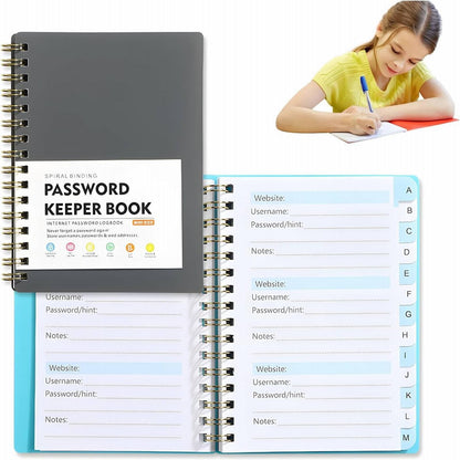 Spiral Password Book with Alphabetical Tabs,Plastic Password Book,Password Book Password Book with Personal Alphabet Label Internet Address and Password Headquarters Password Log, 4.25"x5.7"(Grey) Grey