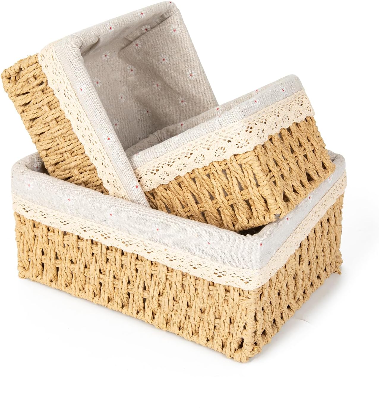 3 Pieces Woven Storage Basket Set with Fabric Lining for Bathrooms, Bedrooms and Shelves, Decorative Organisers for Home
