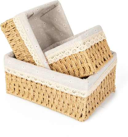 3 Pieces Woven Storage Basket Set with Fabric Lining for Bathrooms, Bedrooms and Shelves, Decorative Organisers for Home