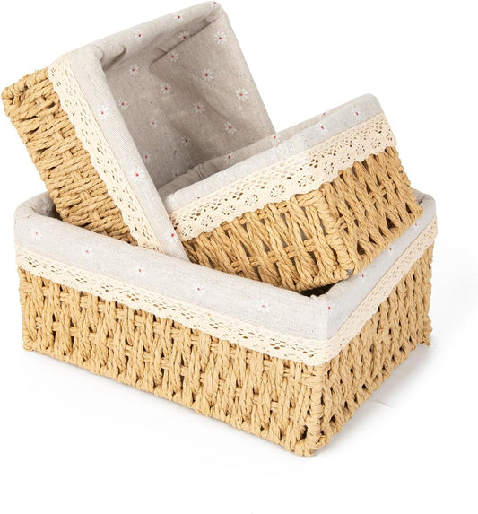 3 Pieces Woven Storage Basket Set with Fabric Lining for Bathrooms, Bedrooms and Shelves, Decorative Organisers for Home