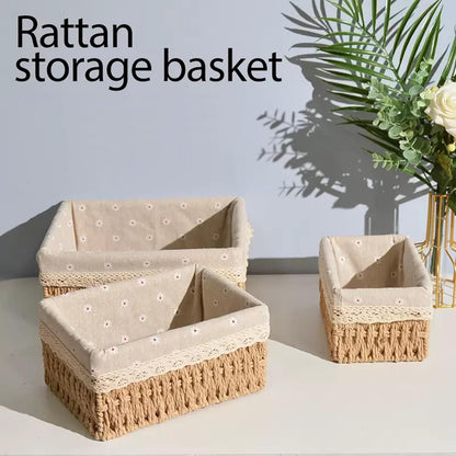 3 Pieces Woven Storage Basket Set with Fabric Lining for Bathrooms, Bedrooms and Shelves, Decorative Organisers for Home