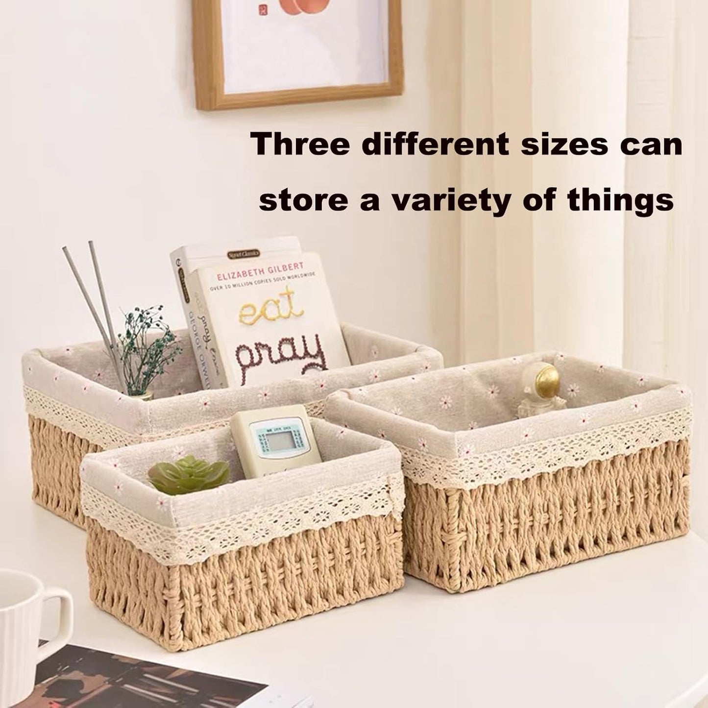 3 Pieces Woven Storage Basket Set with Fabric Lining for Bathrooms, Bedrooms and Shelves, Decorative Organisers for Home