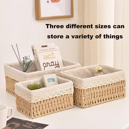 3 Pieces Woven Storage Basket Set with Fabric Lining for Bathrooms, Bedrooms and Shelves, Decorative Organisers for Home