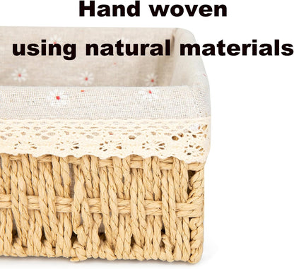 3 Pieces Woven Storage Basket Set with Fabric Lining for Bathrooms, Bedrooms and Shelves, Decorative Organisers for Home