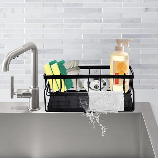 Sponge holder and organizer for sink - Draining rack and soap dish with brush holder - Kitchen storage accessories - Grey.