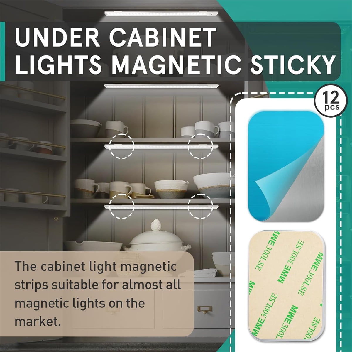 Under Cabinet Lights Magnetic Stickys,Tutuviw 12 Pcs Replacement Magnetic Strips with Adhesive Backing for Cabinet Lighting,Iron Sheet Sticky Adhesive Metal Plates for Magnetic Mounts