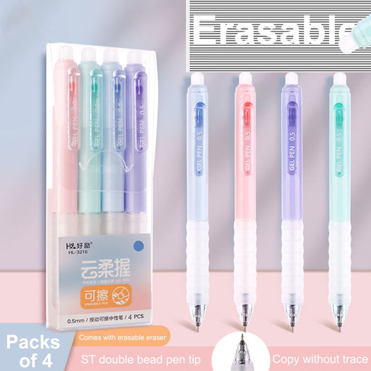 4 PCS Erasable Pens - 0.5mm Press Rub Out Gel Pens with Eraser Clear, Heat Friction Markers, Make Mistakes Disappear, for Drawing Writing Planner and Note Marking(A,Black) Black