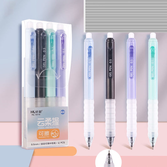 4 PCS Erasable Pens - 0.5mm Press Rub Out Gel Pens with Eraser Clear, Heat Friction Markers, Make Mistakes Disappear, for Drawing Writing Planner and Note Marking(A,Black) Crystal Blue