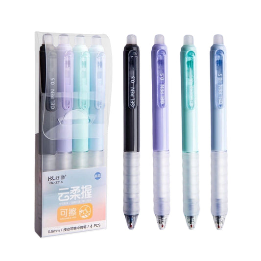 4 PCS Erasable Pens - 0.5mm Press Rub Out Gel Pens with Eraser Clear, Heat Friction Markers, Make Mistakes Disappear, for Drawing Writing Planner and Note Marking(A,Black) Crystal Blue