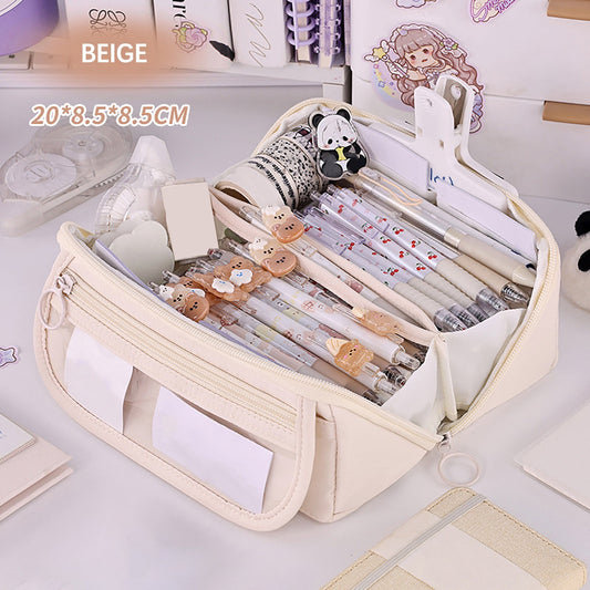 Multi-layer Cloth Pencil Case, Large Capacity Pen Pouch, Pen Stationery Organizer, Portable Art Supply Marker Storage Pencil Box for Office, Home, Travel(Purple) Beige