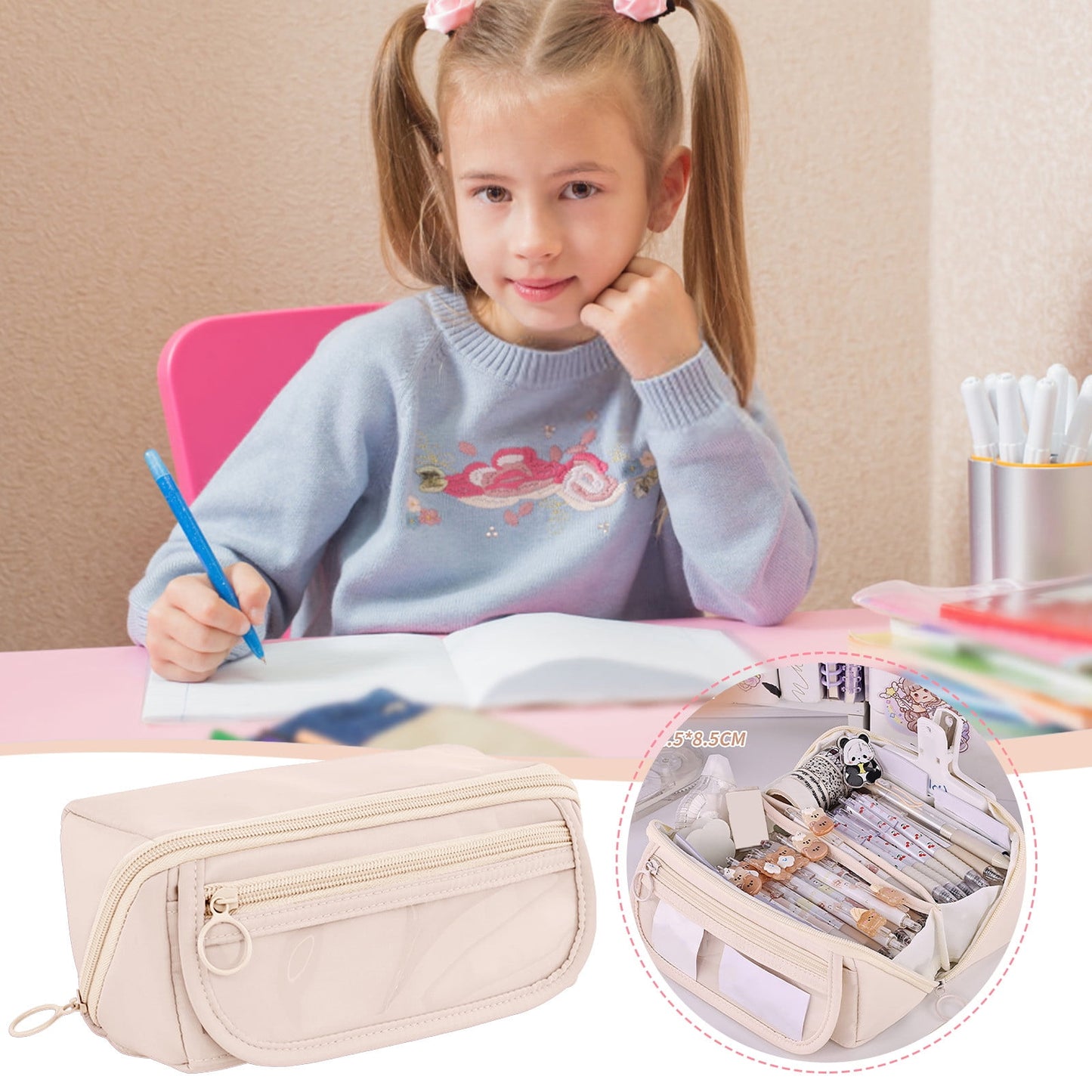 Multi-layer Cloth Pencil Case, Large Capacity Pen Pouch, Pen Stationery Organizer, Portable Art Supply Marker Storage Pencil Box for Office, Home, Travel(Purple) Beige