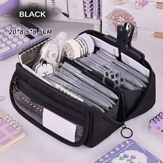 Multi-layer Cloth Pencil Case, Large Capacity Pen Pouch, Pen Stationery Organizer, Portable Art Supply Marker Storage Pencil Box for Office, Home, Travel(Purple) Black