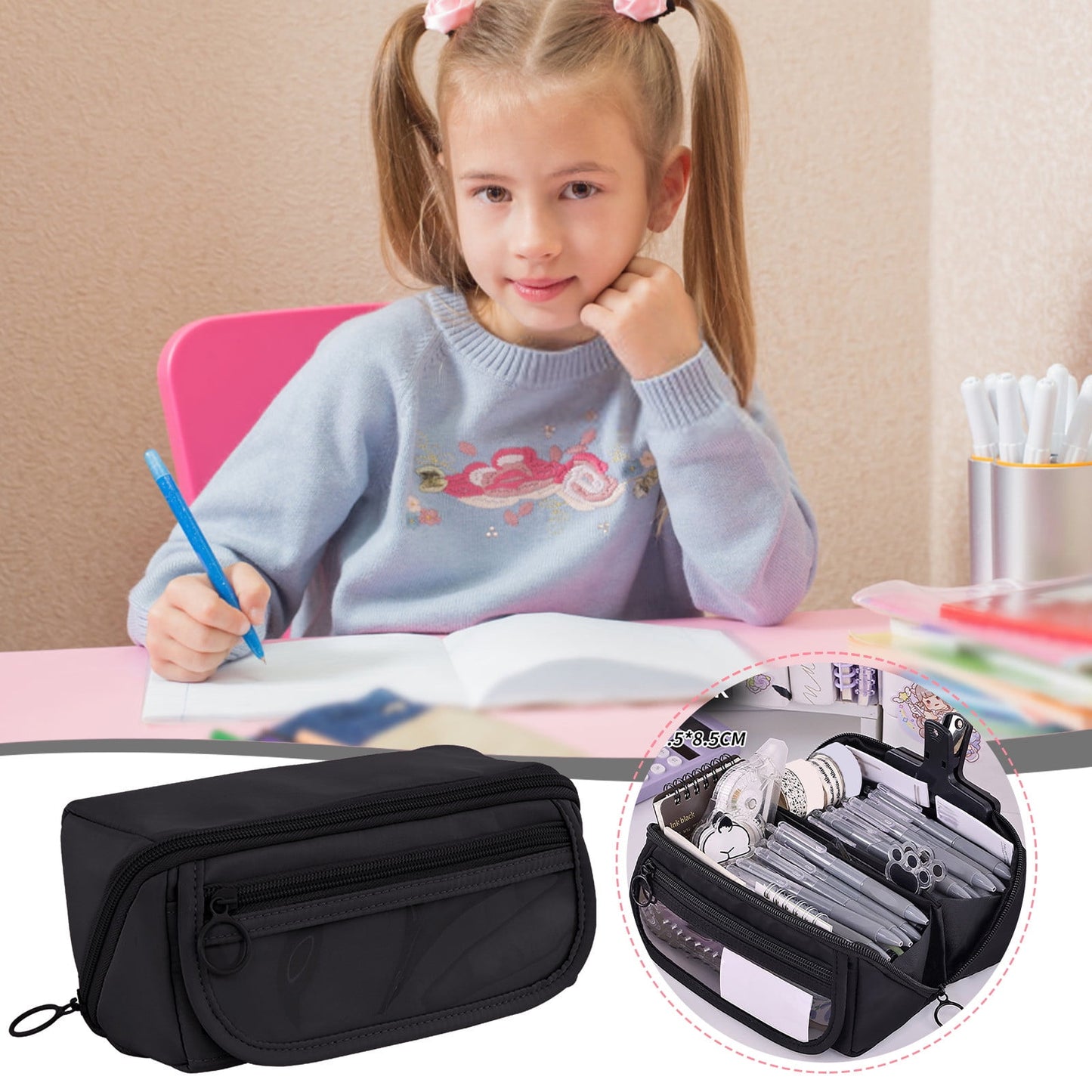 Multi-layer Cloth Pencil Case, Large Capacity Pen Pouch, Pen Stationery Organizer, Portable Art Supply Marker Storage Pencil Box for Office, Home, Travel(Purple) Black