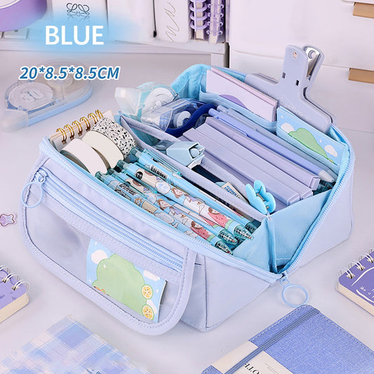 Multi-layer Cloth Pencil Case, Large Capacity Pen Pouch, Pen Stationery Organizer, Portable Art Supply Marker Storage Pencil Box for Office, Home, Travel(Purple) Blue