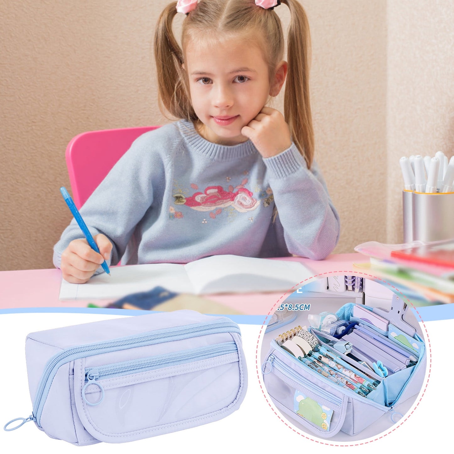Multi-layer Cloth Pencil Case, Large Capacity Pen Pouch, Pen Stationery Organizer, Portable Art Supply Marker Storage Pencil Box for Office, Home, Travel(Purple) Blue