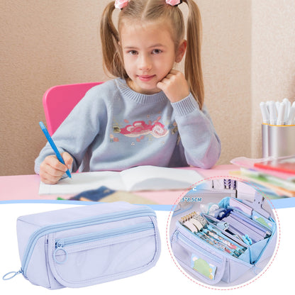 Multi-layer Cloth Pencil Case, Large Capacity Pen Pouch, Pen Stationery Organizer, Portable Art Supply Marker Storage Pencil Box for Office, Home, Travel(Purple) Blue