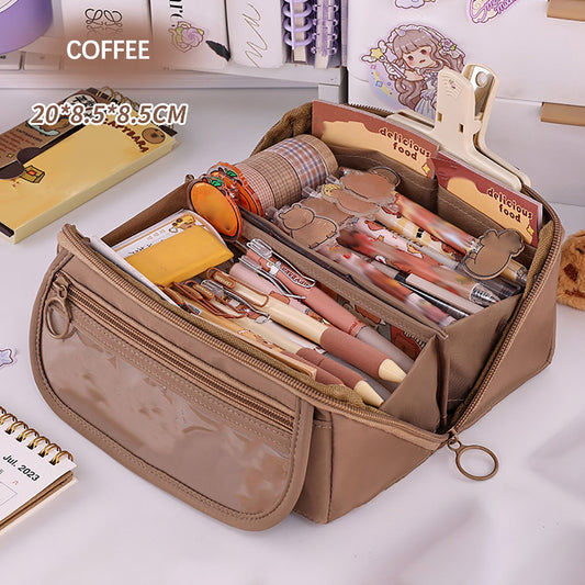 Multi-layer Cloth Pencil Case, Large Capacity Pen Pouch, Pen Stationery Organizer, Portable Art Supply Marker Storage Pencil Box for Office, Home, Travel(Purple) Brown