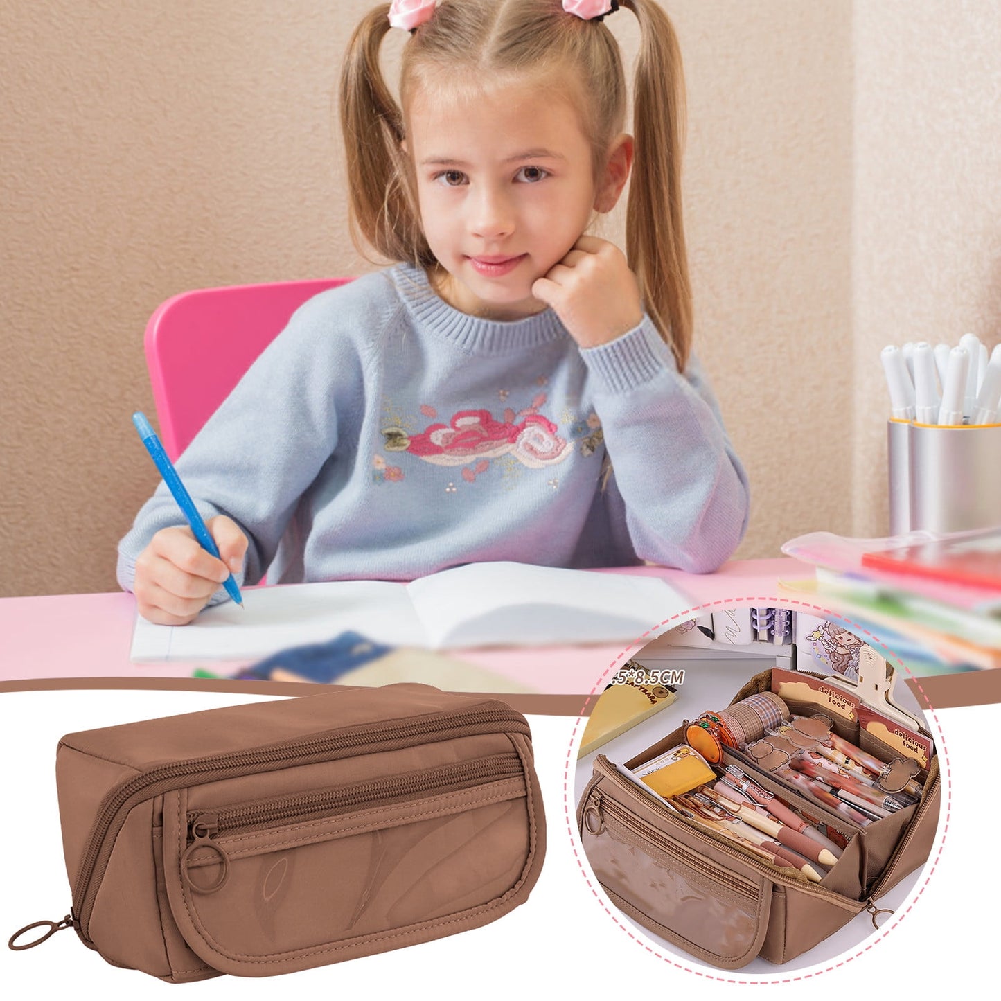 Multi-layer Cloth Pencil Case, Large Capacity Pen Pouch, Pen Stationery Organizer, Portable Art Supply Marker Storage Pencil Box for Office, Home, Travel(Purple) Brown