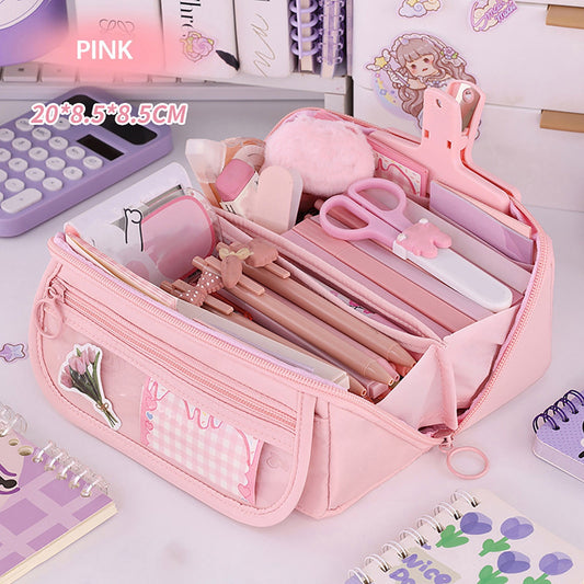 Multi-layer Cloth Pencil Case, Large Capacity Pen Pouch, Pen Stationery Organizer, Portable Art Supply Marker Storage Pencil Box for Office, Home, Travel(Purple) Pink