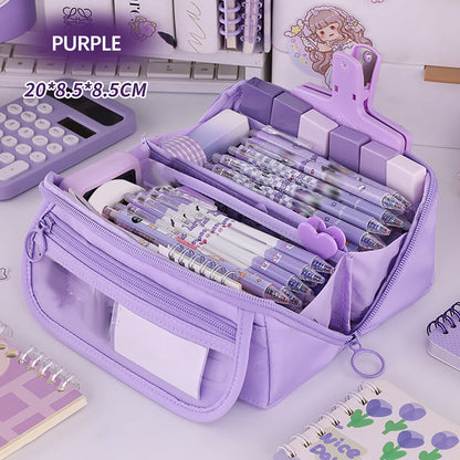 Multi-layer Cloth Pencil Case, Large Capacity Pen Pouch, Pen Stationery Organizer, Portable Art Supply Marker Storage Pencil Box for Office, Home, Travel(Purple) Purple